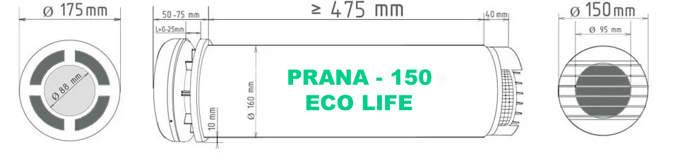 Розміри рекуператора Prana-150 Eco Life