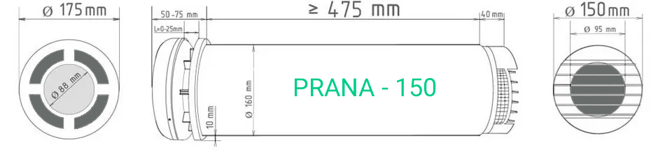 Размеры рекуператора Prana 150