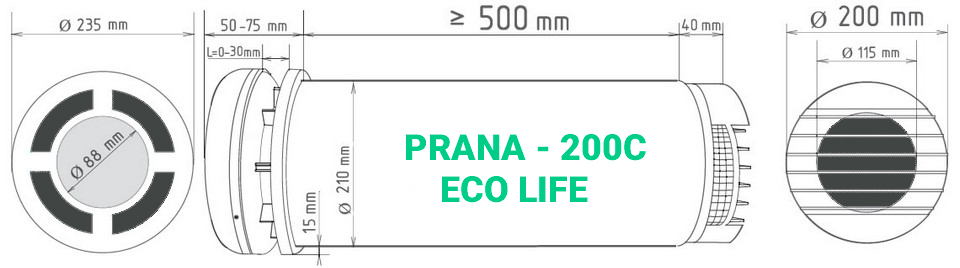 Розміри рекуператора Prana-200C Eco Life