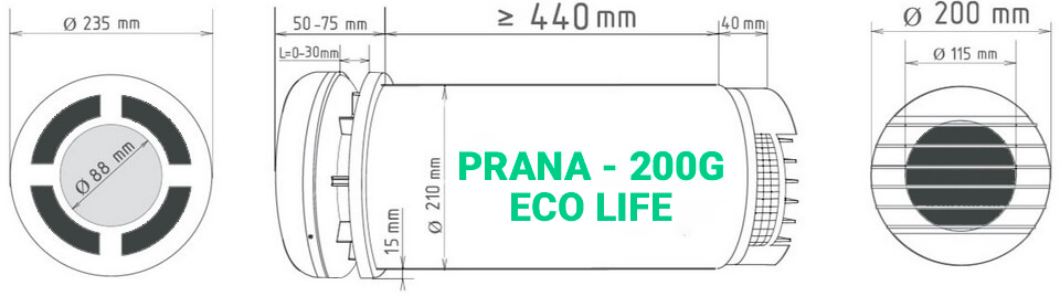 Размеры рекуператора Prana-200G Eco Life