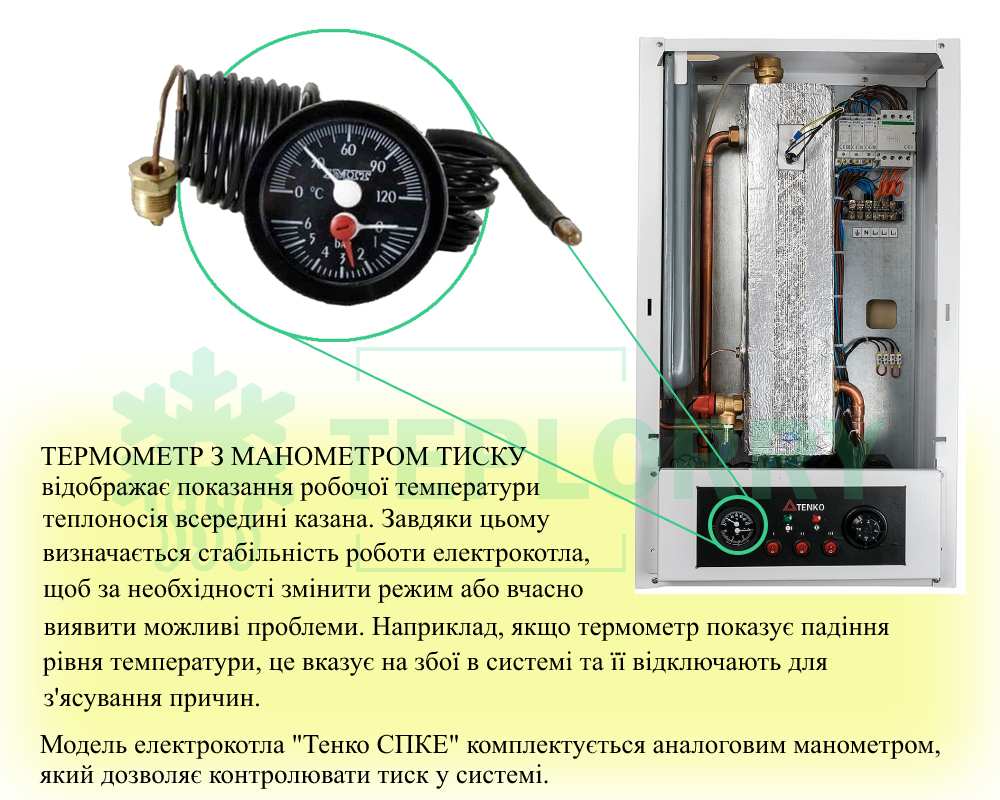 Термометр з манометром тиску у електрокотла Тенко Стандарт Плюс 21 кВт 380В