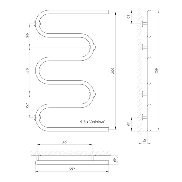 Полотенцесушитель Laris Змеевик 25 РС5 500x800 (71207189) - габариты