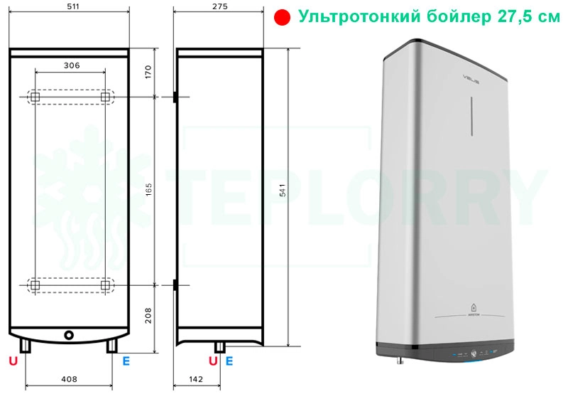 Габариты водонагревателя Ariston ABSE VLS PRO PW 30