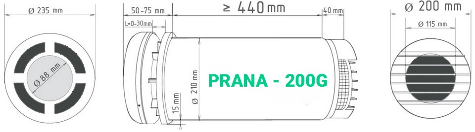Розміри рекуператора Prana 200G