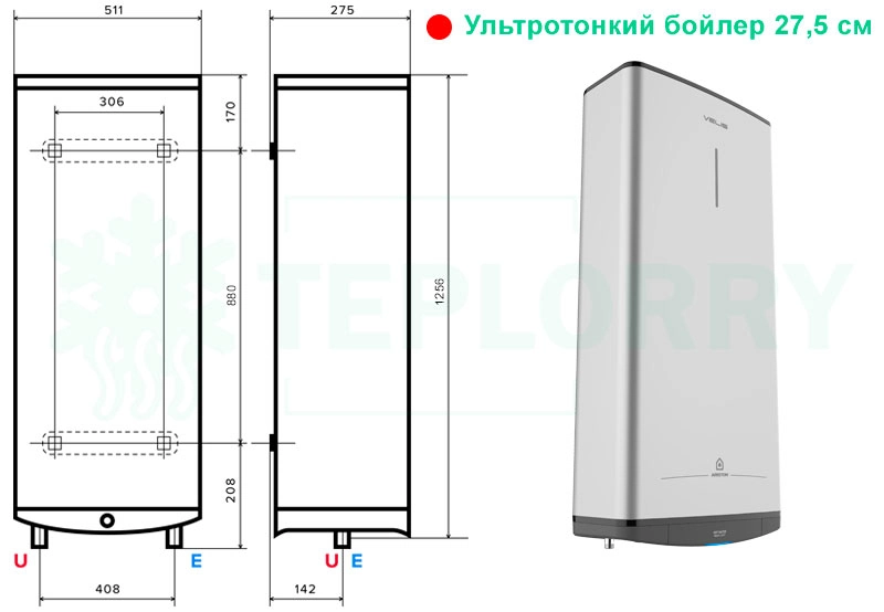 Габариты водонагревателя Ariston ABS VLS PRO R 100