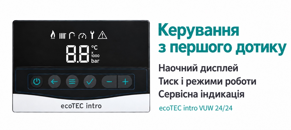 Панель керування Vaillant ecoTEC intro VUW 24/24 з дисплеєм, індикацією тиску та режимів роботи