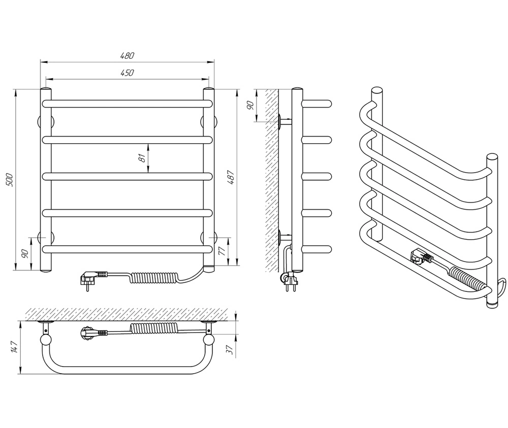 Рушникосушка Laris Стандарт П5 Е 450x500 (73207020) - розміри