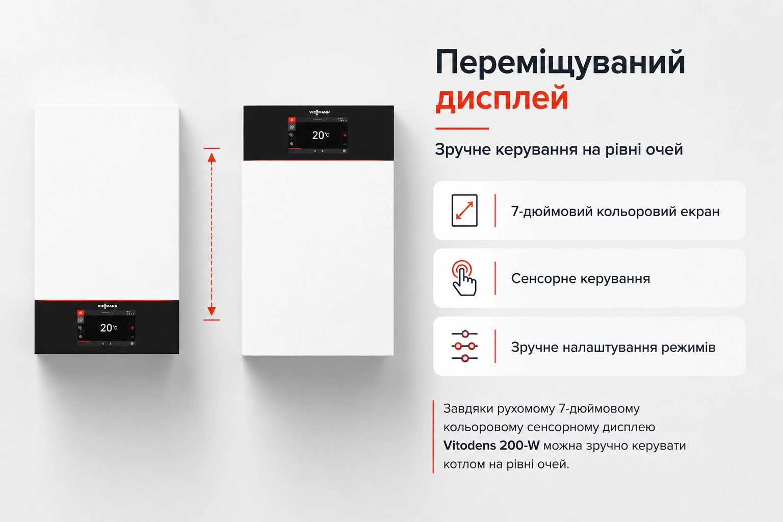 Інфографіка Viessmann Vitodens 200-W B2HH 19 кВт — пересувний 7-дюймовий сенсорний дисплей для керування на рівні очей